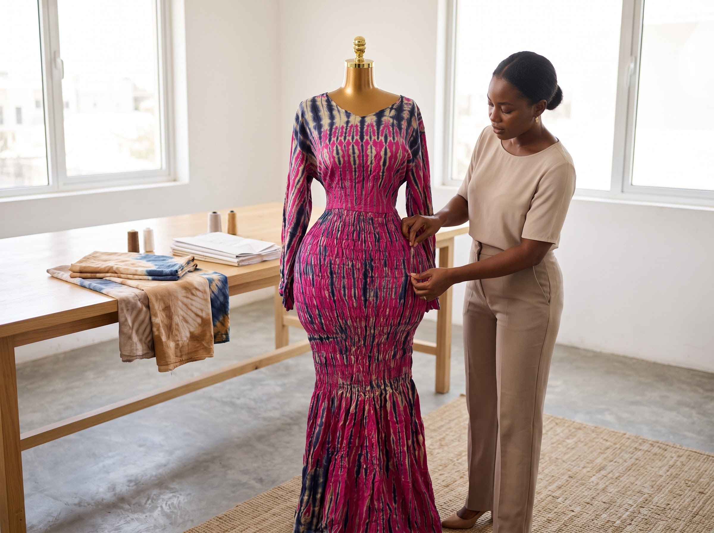 Black West African designer adjusting Rama's fuchsia and navy tiered gown on a dress form